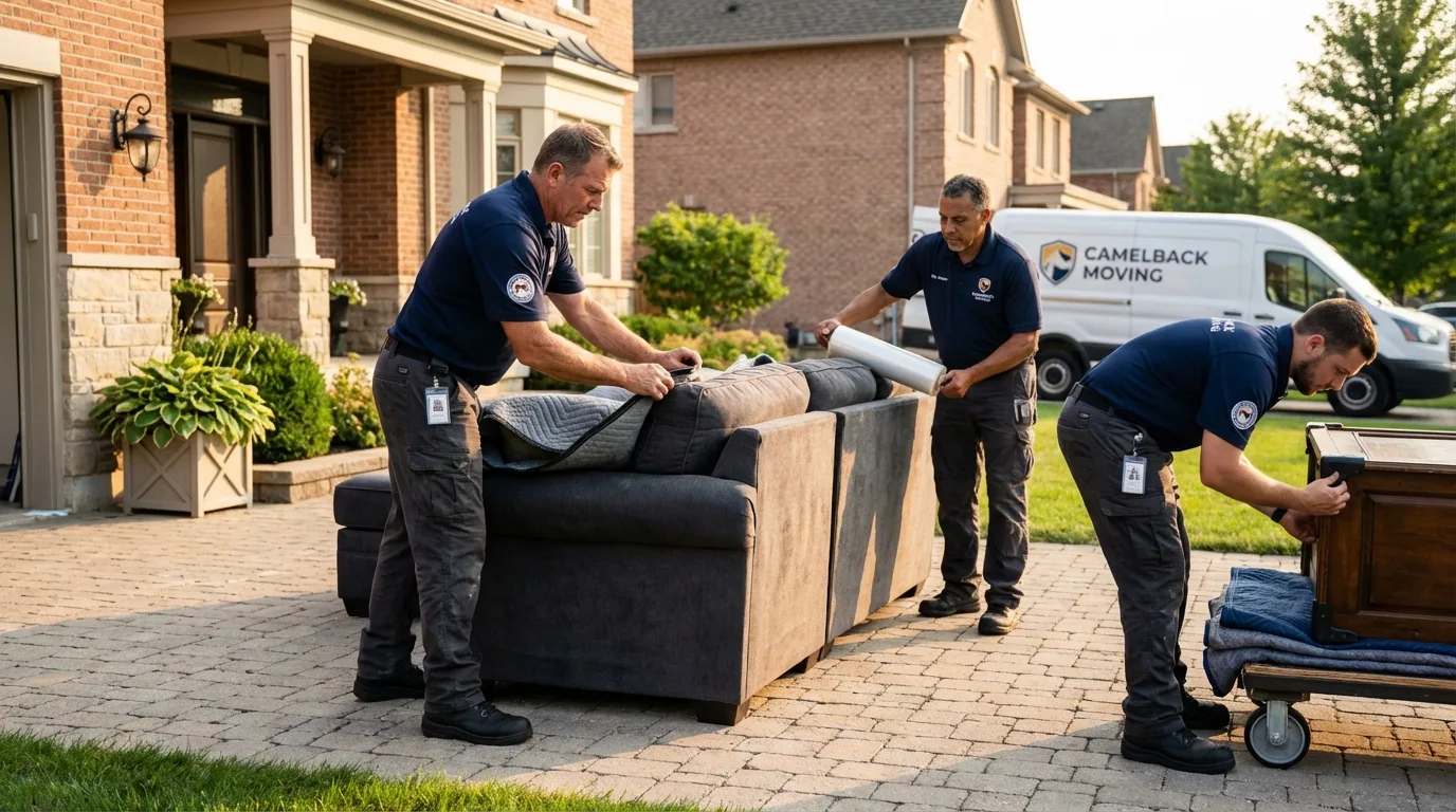 Large estate moving crew wrapping furniture in Huntington Station, NY