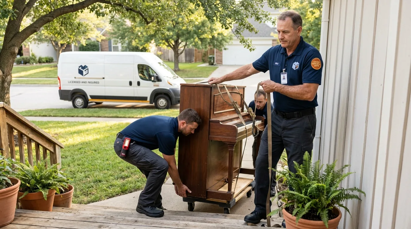 Licensed piano movers securing grand piano in Huntington Station, NY
