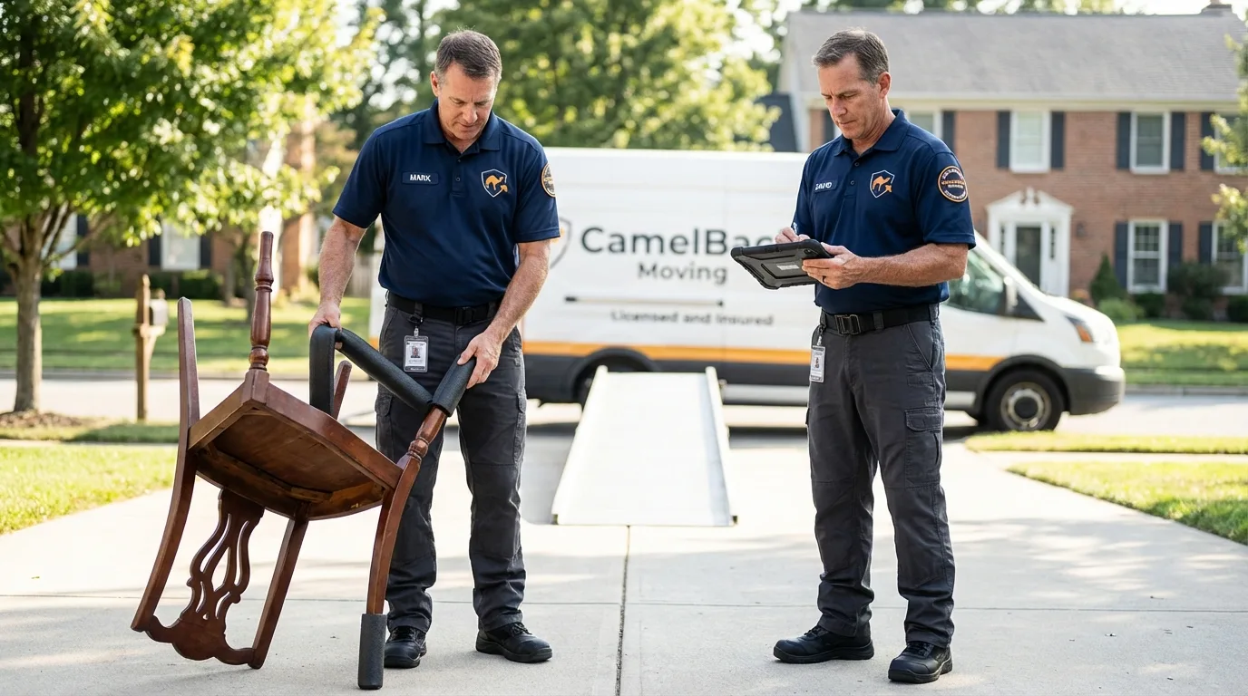 Movers inspecting furniture for damage prevention before loading in Huntington Station, NY