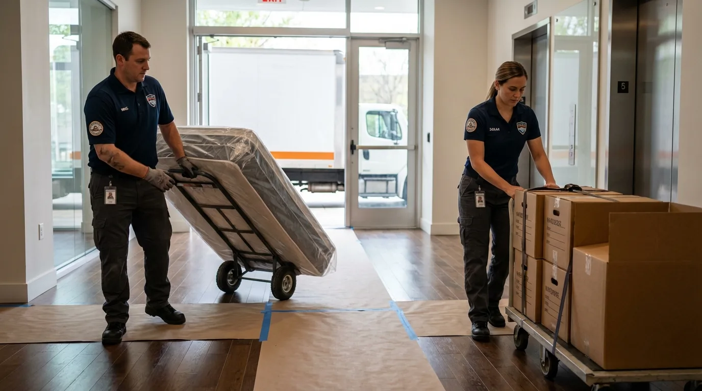 Professional apartment movers loading elevator in Huntington Station, NY