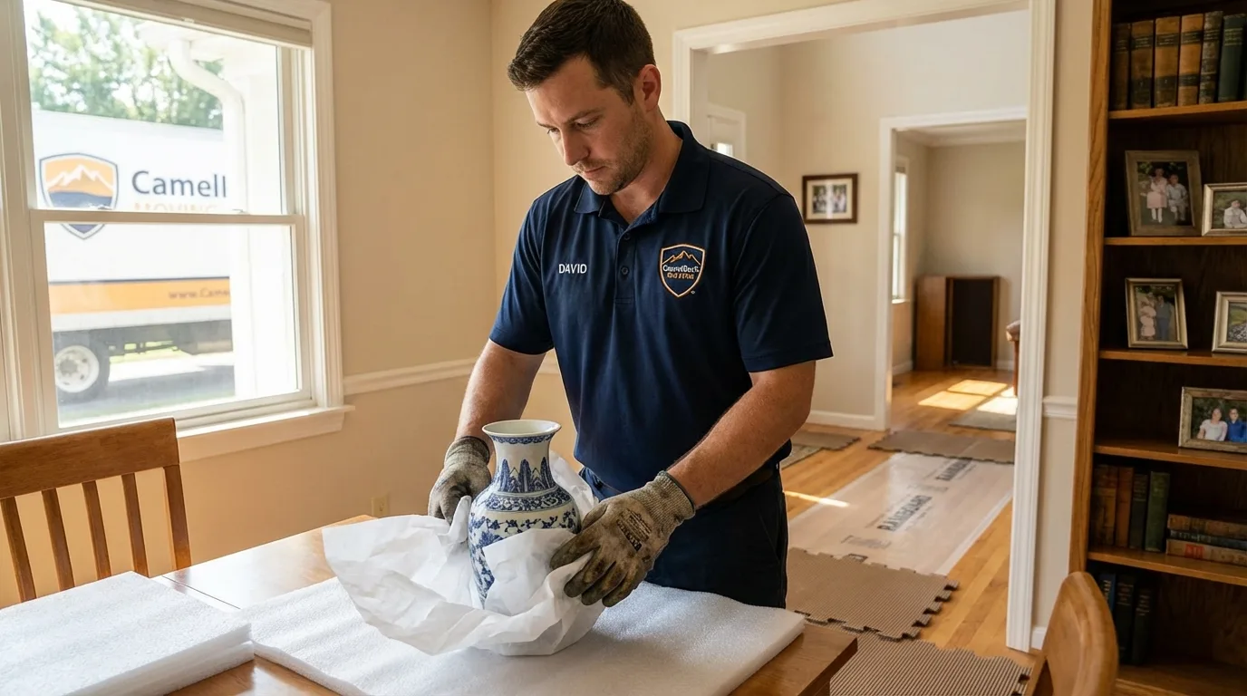 Professional crew carefully wrapping antique vase for senior downsizing move in Huntington Station, NY